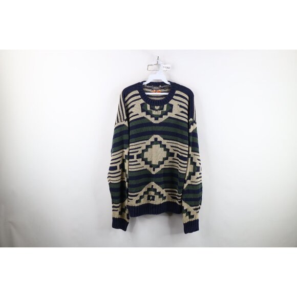 Vintage 90s Streetwear Mens Large Southwestern Geometric Knit Crewneck Sweater - Picture 1 of 12
